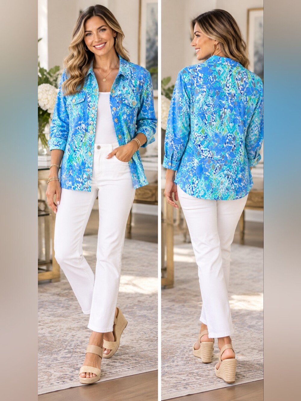 Ruby Rd. Woman Plus 16W Tropical Button-Front Shirt Jacket Roll-Tab 3/4 Sleeve